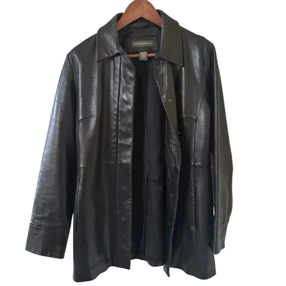 Vintage‎ Y2K Banana Republic Leather Jacket Men SZ Medium Racer Biker Moto Black